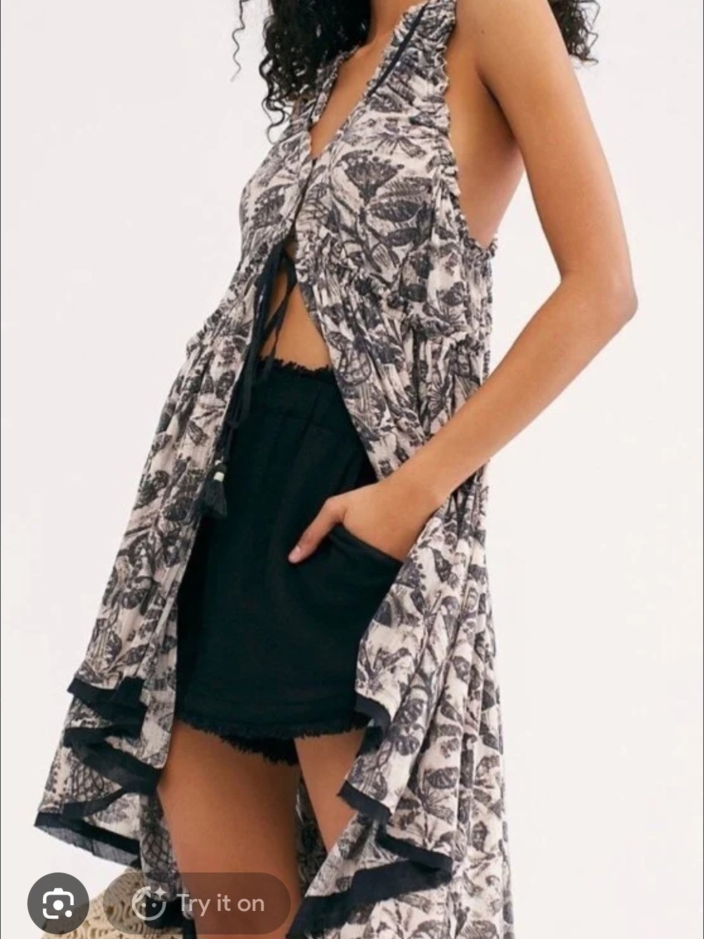 Free People Black Cream Motif Floral Duster Tank Dress Large NWT Boho Festival